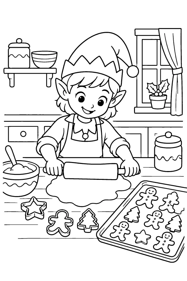 Coloriage de lutin qui prépare des biscuits de Noël