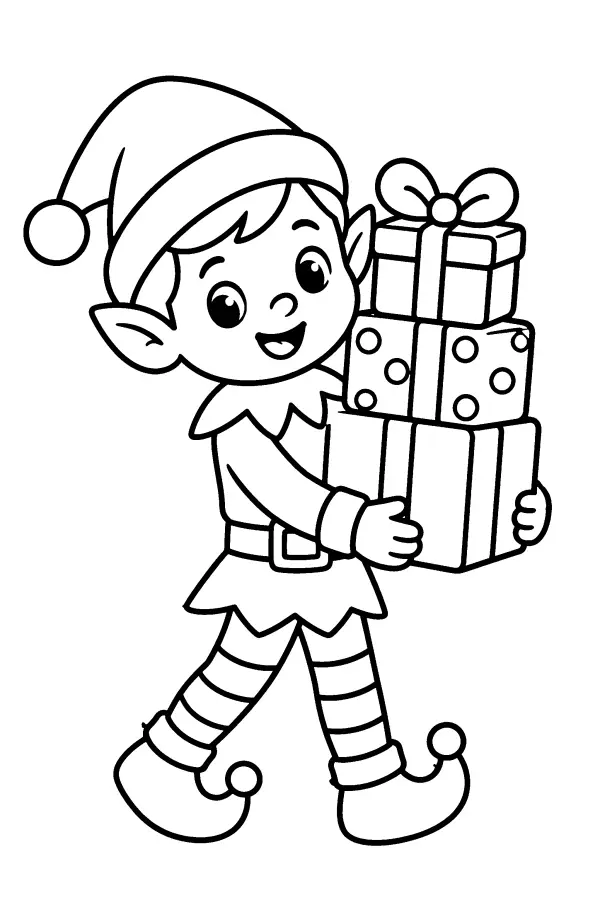 Coloriage de lutin du Père Noël portant des cadeaux