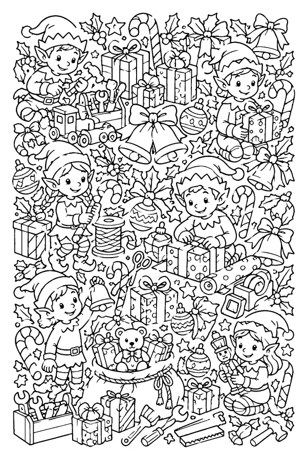 Coloriage détaillé de quatre lutins et de cadeaux