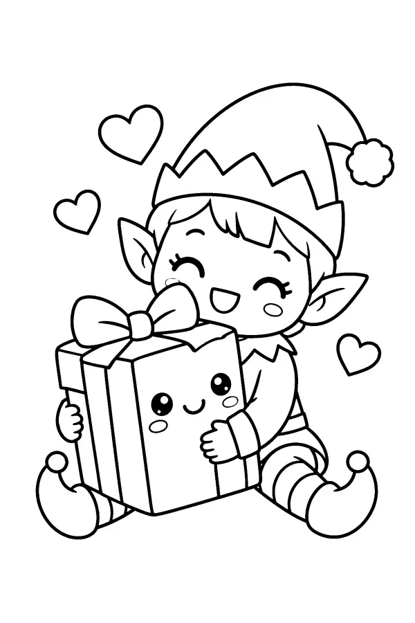 Coloriage de lutin qui serre un cadeau dans ses bras