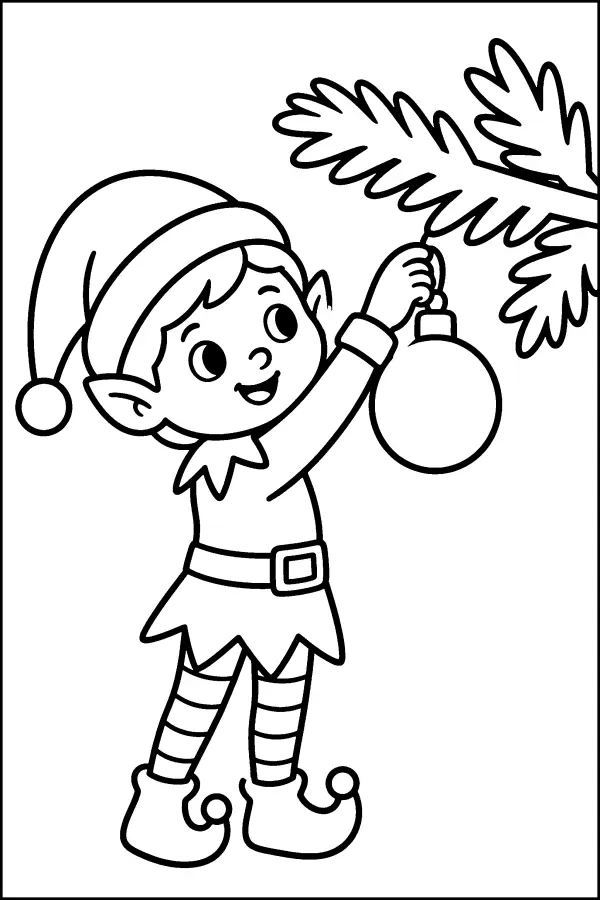 Coloriage de lutin qui accroche une boule au sapin