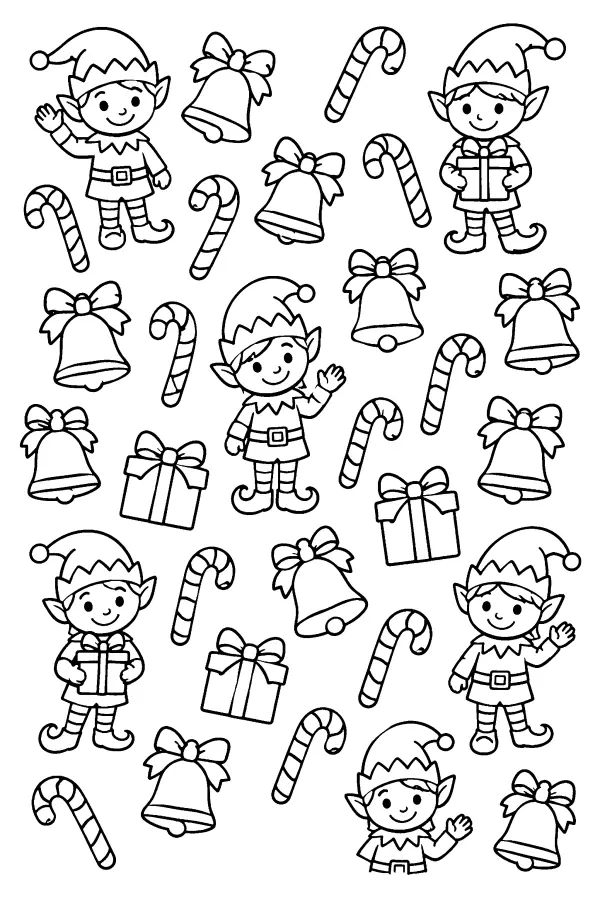 Coloriage à motifs de lutins et de cadeaux de Noël