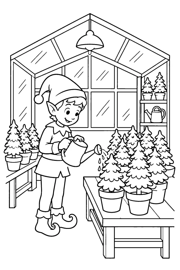 Dessin à colorier de lutin qui arrose des sapins