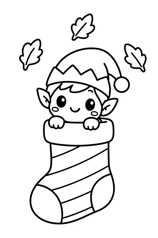 Coloriage de lutin dans une chaussette de Noël