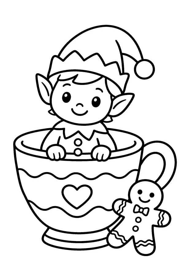 Coloriage de lutin dans une tasse avec un biscuit