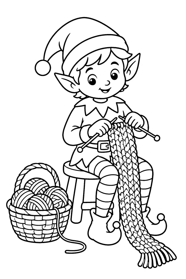 Coloriage de lutin qui tricote une écharpe