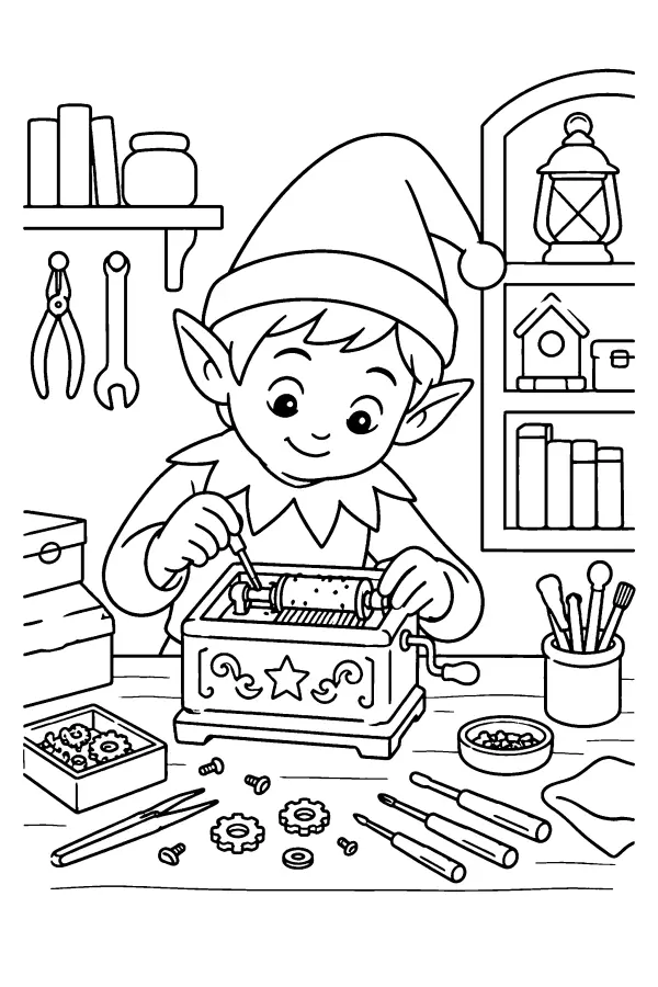 Coloriage de lutin qui répare une boîte à musique
