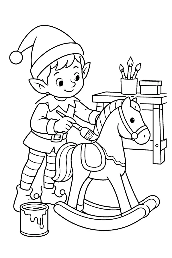 Coloriage de lutin qui peint un cheval à bascule