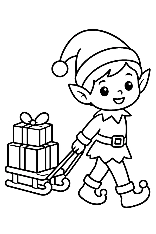 Coloriage de lutin tirant une luge avec des cadeaux