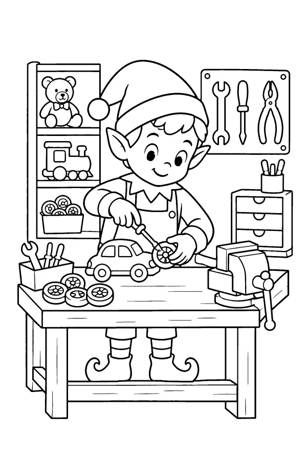 Dessin à colorier de lutin qui répare des jouets