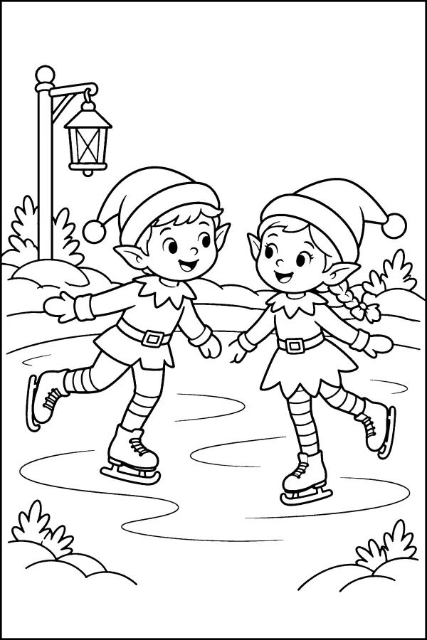 Coloriage de deux lutins qui patinent sur un étang gelé