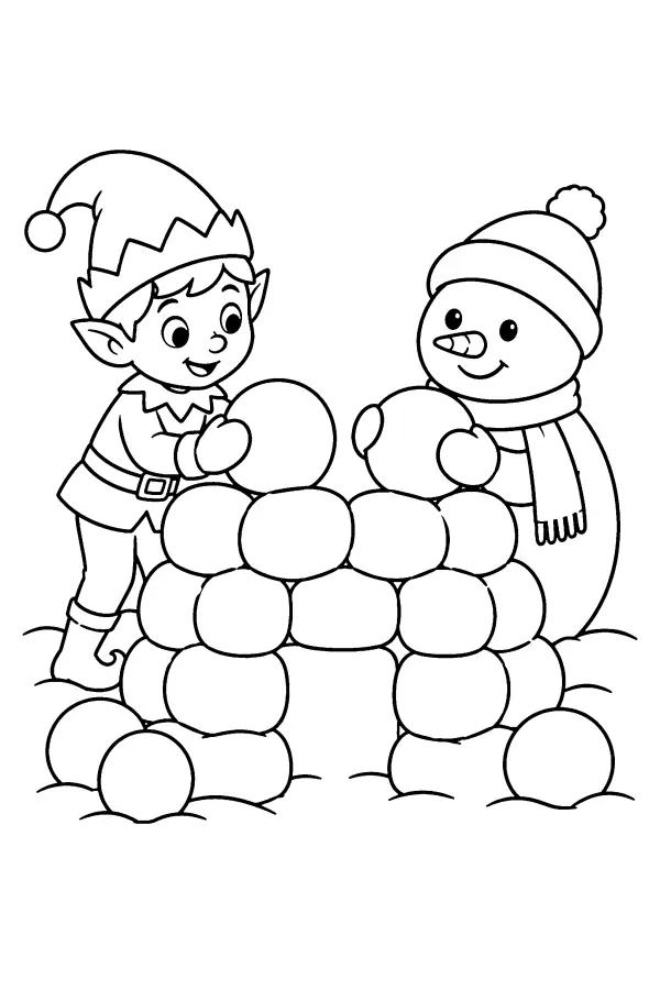 Dessin à colorier de lutin et bonhomme de neige