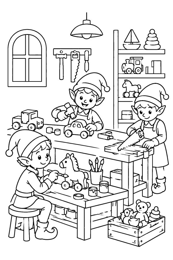 Coloriage de lutins du Père Noël dans l’atelier de jouets