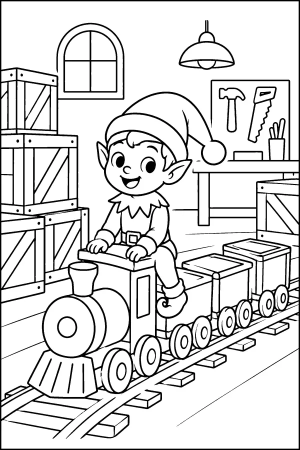 Coloriage de lutin sur un train en bois