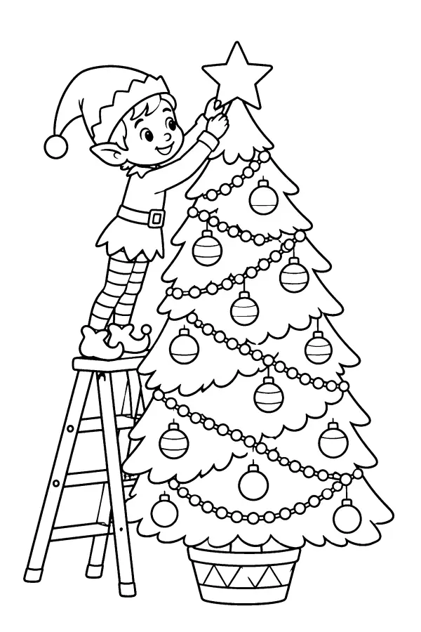 Coloriage de lutin qui décore un sapin de Noël