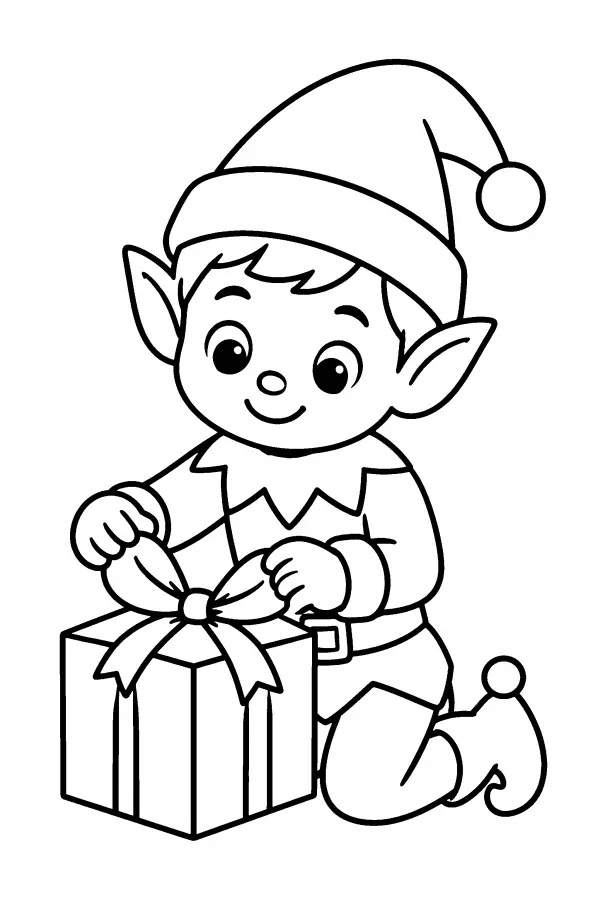 Coloriage de lutin qui emballe un cadeau avec un ruban
