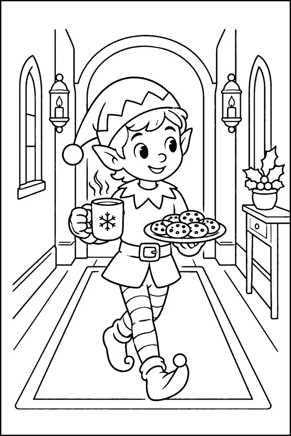 Coloriage de lutin avec une tasse et des biscuits