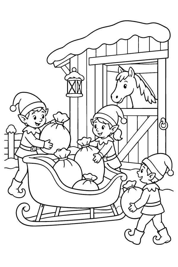 Coloriage de lutins qui chargent le traîneau du Père Noël