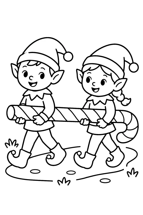 Coloriage de deux lutins portant un sucre d’orge