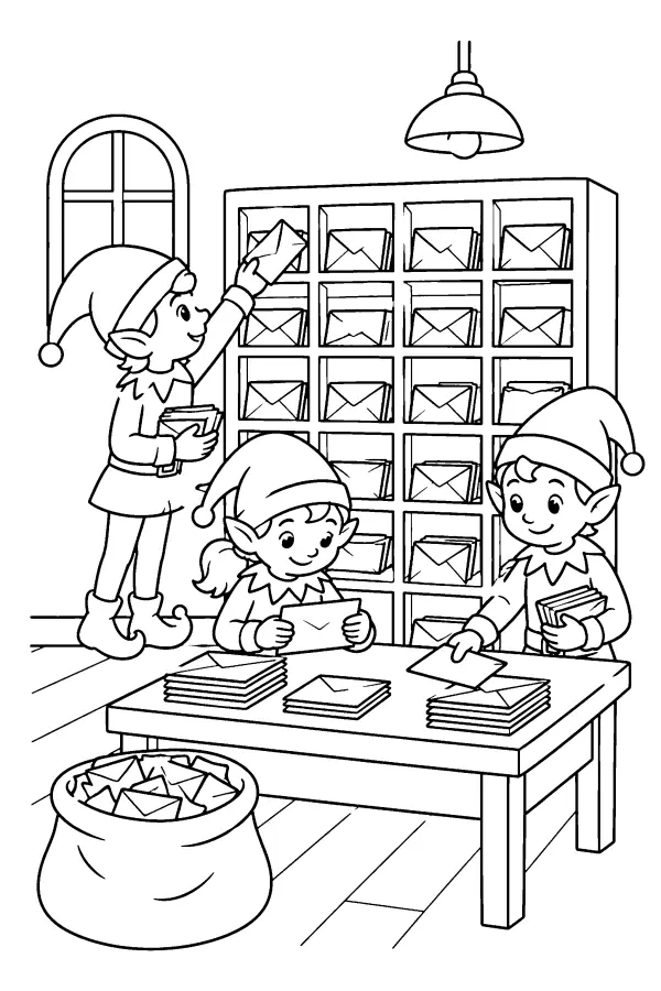 Coloriage de lutins qui trient le courrier du Père Noël