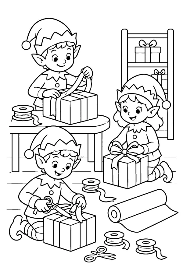 Coloriage de lutins qui emballent des cadeaux de Noël
