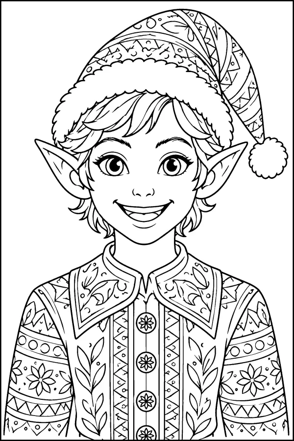 Coloriage détaillé de portrait de lutin de Noël