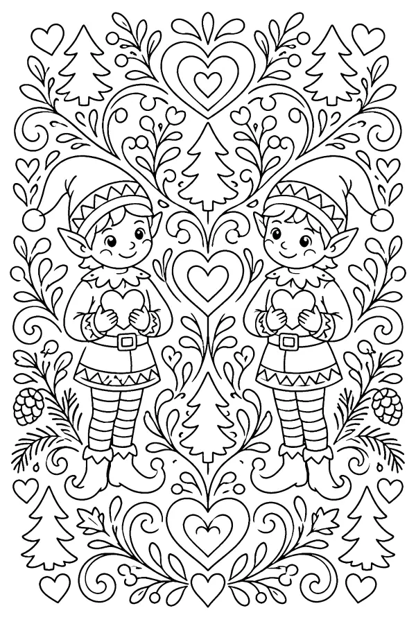 Coloriage de deux lutins jumeaux avec des cœurs