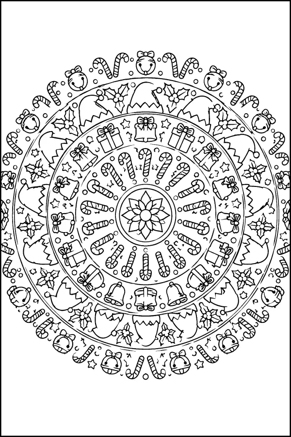 Coloriage mandala de Noël avec bonnets de lutin