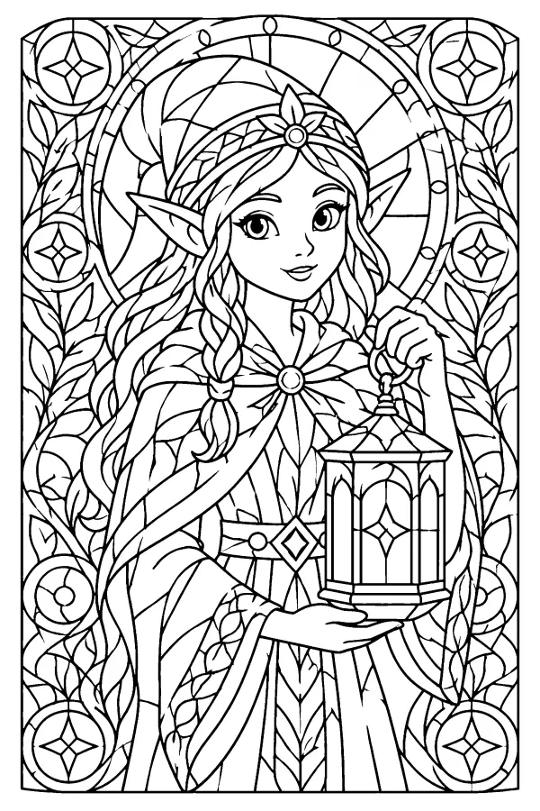 Coloriage de lutin à la lanterne façon vitrail