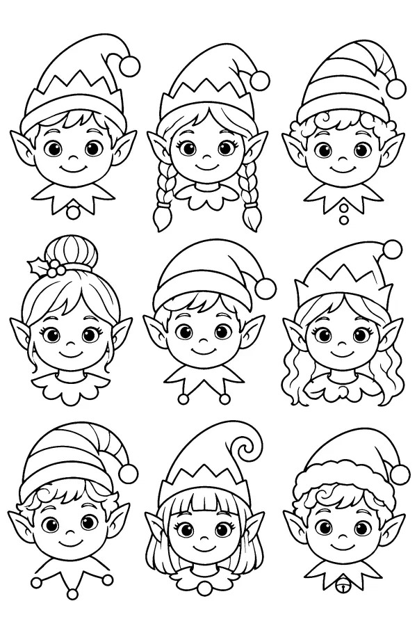 Dessin à colorier de neuf visages de lutins