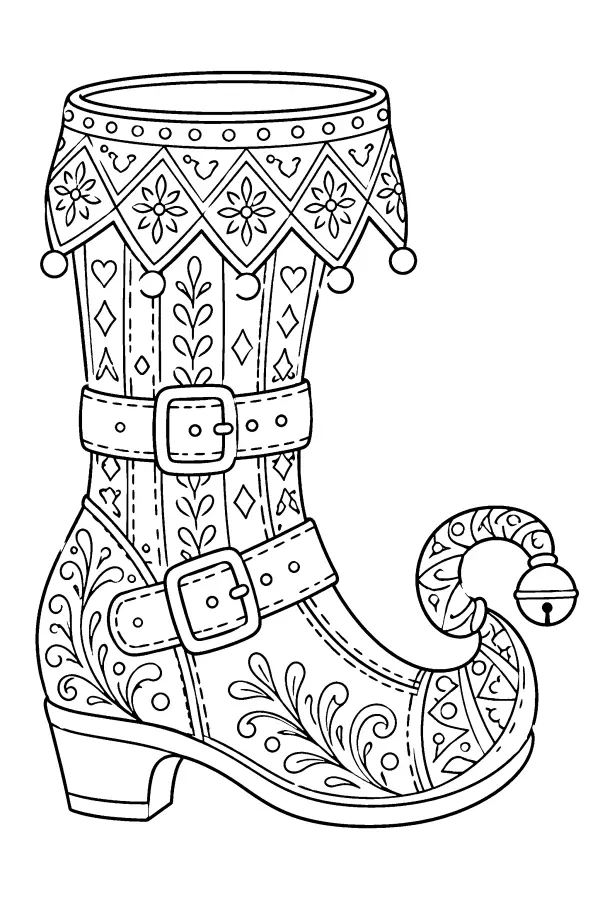 Dessin à colorier de botte de lutin à grelot