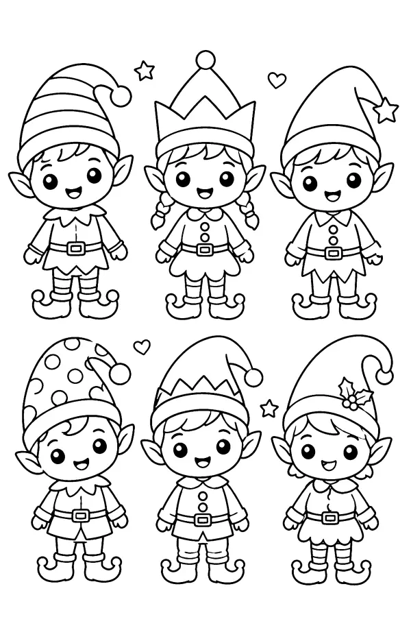 Coloriage de six lutins de Noël en deux rangs