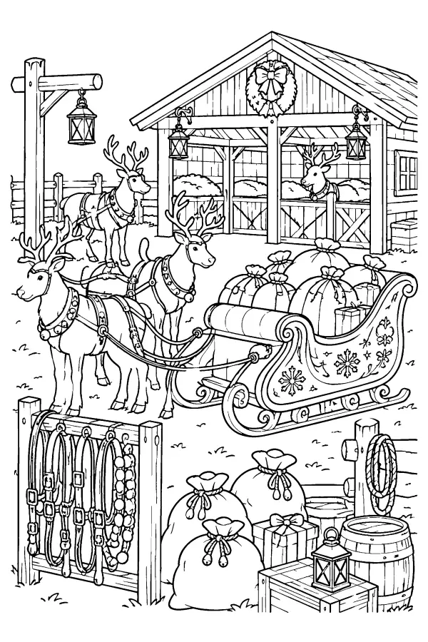 Coloriage détaillé du traîneau du Père Noël et des rennes