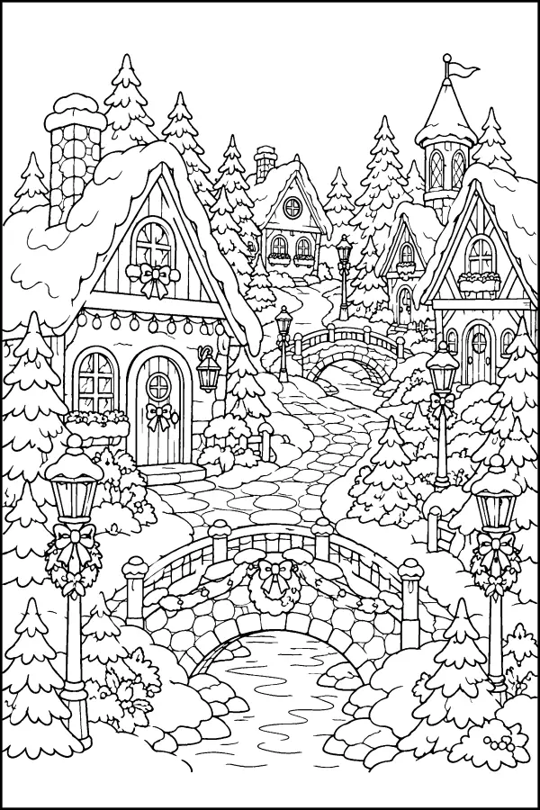 Coloriage détaillé de village de lutins sous la neige