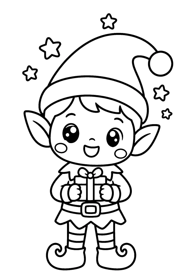 Coloriage de lutin avec un petit cadeau et des étoiles