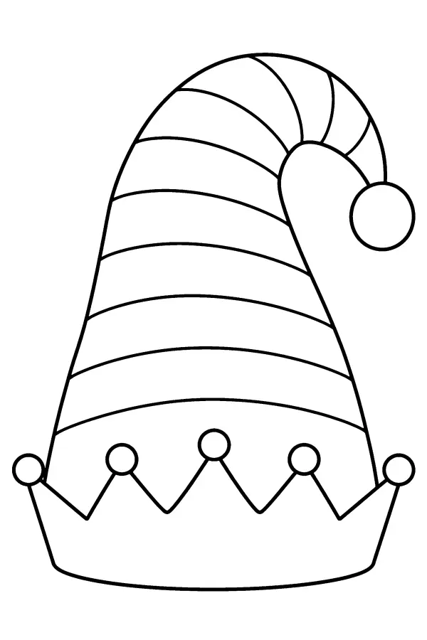Dessin à colorier de bonnet de lutin rayé à pompons