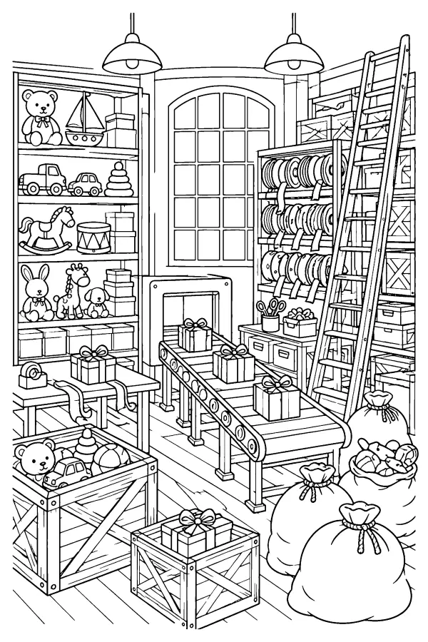 Dessin à colorier de la salle d’emballage des jouets