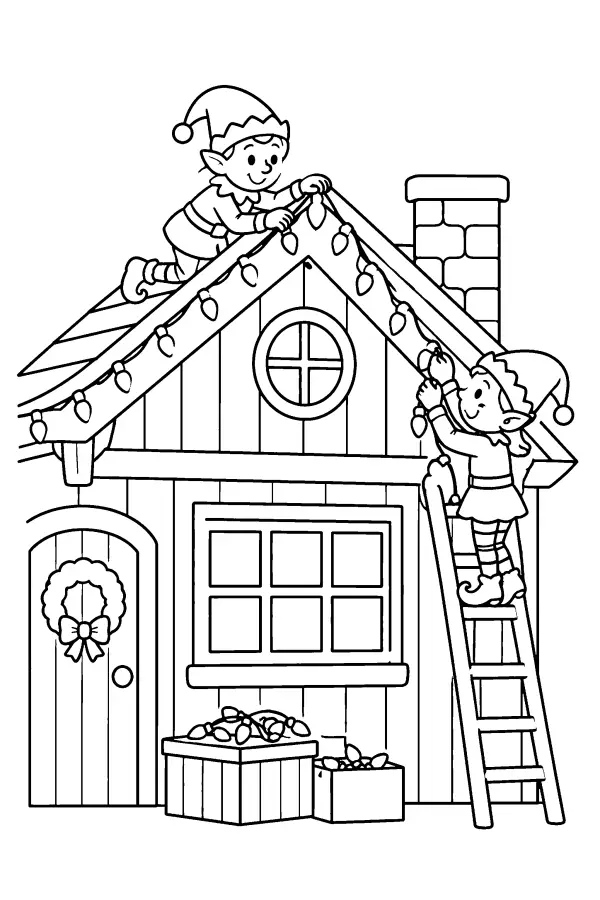 Coloriage de lutins qui posent des lumières sur un toit