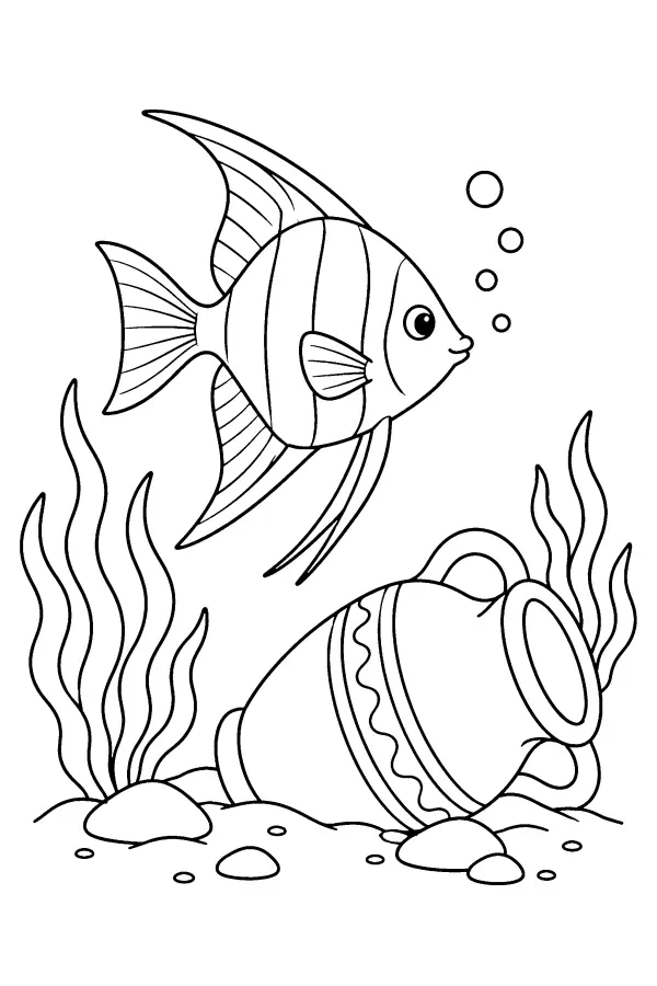Coloriage d’un poisson-ange près d’une amphore