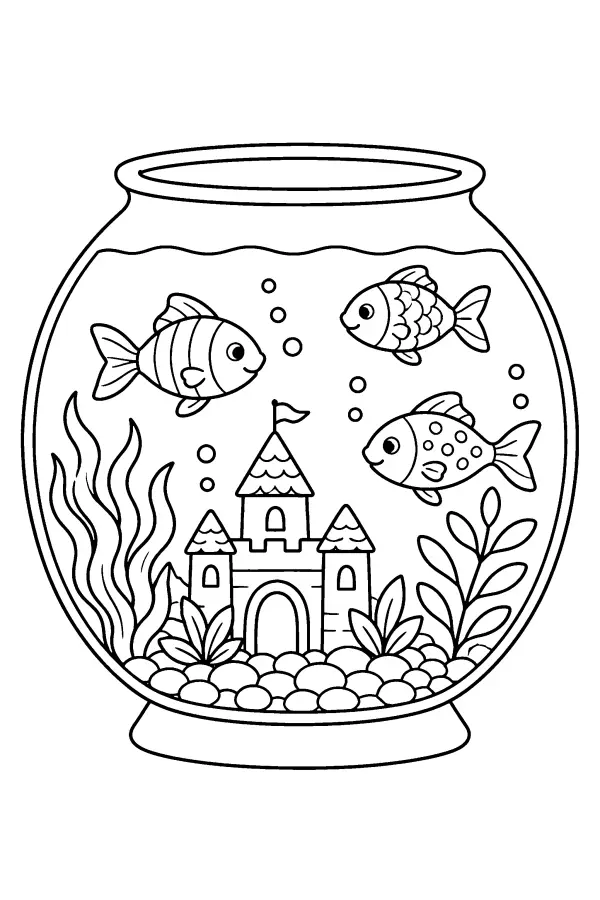Dessin à colorier d’un aquarium avec château et poissons