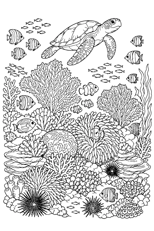 Coloriage détaillé d’une tortue et de poissons sur un récif