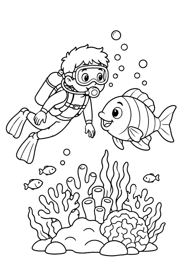 Dessin à colorier d’un plongeur près d’un poisson de récif