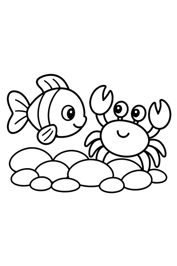 Coloriage facile d’un poisson et d’un crabe sur des galets