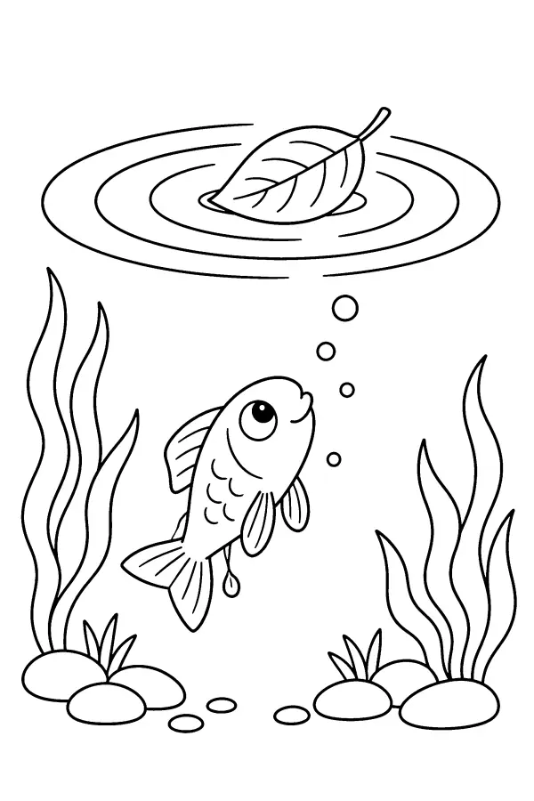 Dessin à colorier d’un poisson regardant une feuille tomber