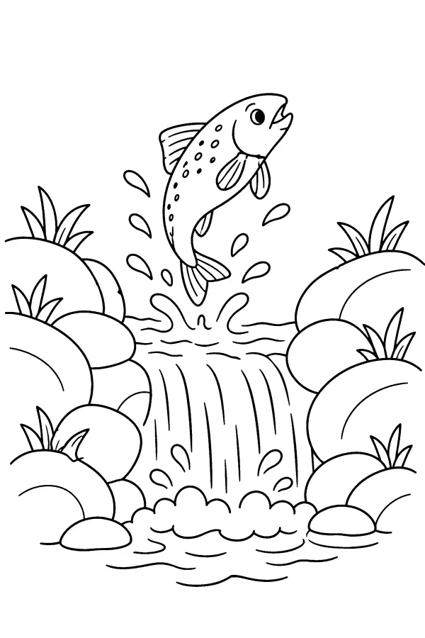 Coloriage d’un poisson sautant une petite cascade