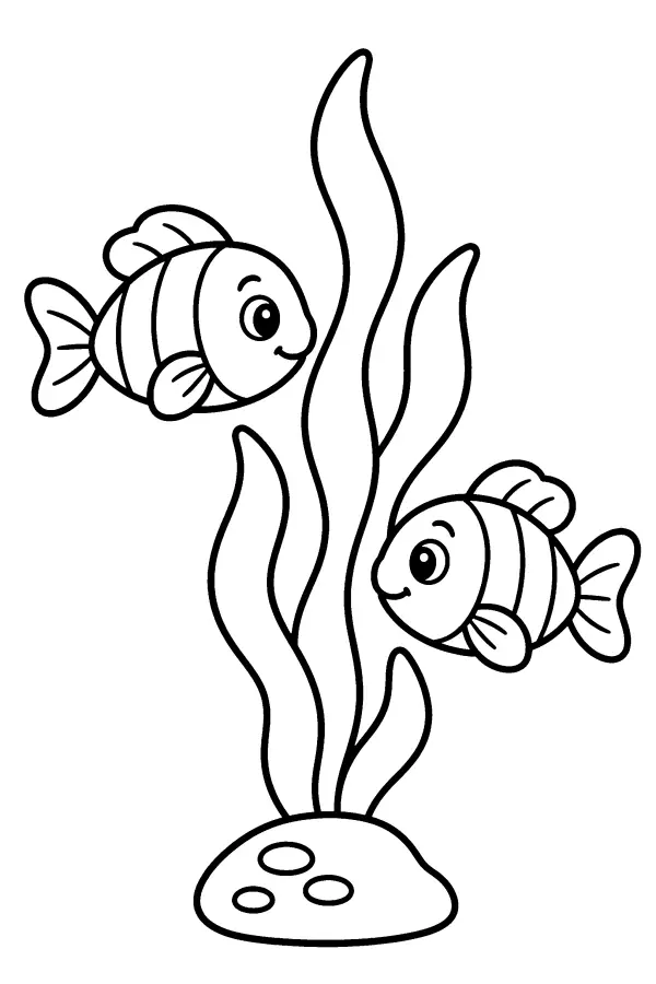 Coloriage facile de poissons près d’algues