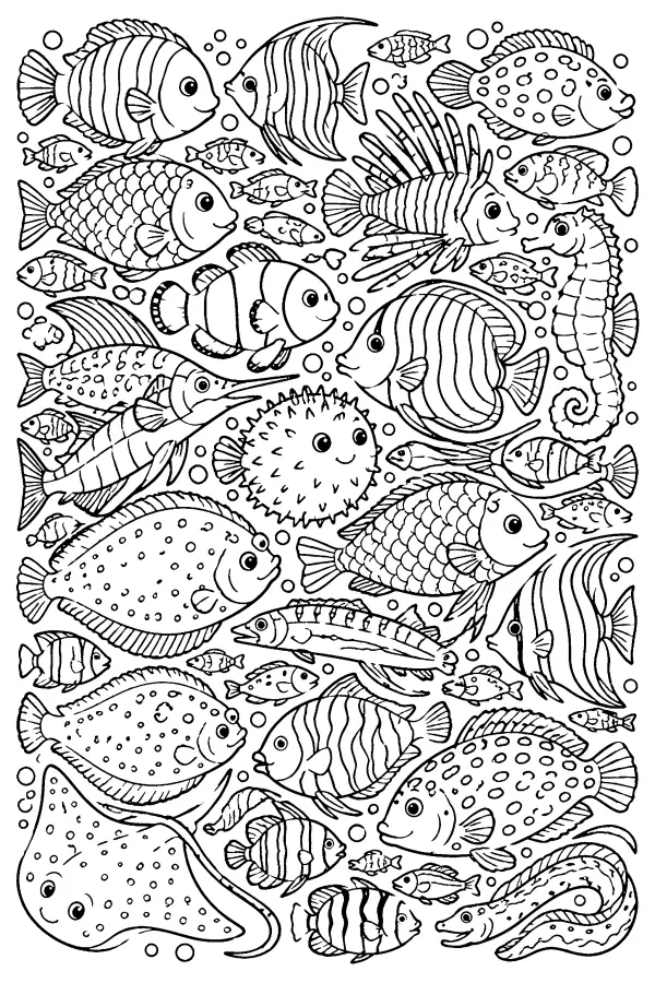 Coloriage détaillé d’un essaim dense de poissons