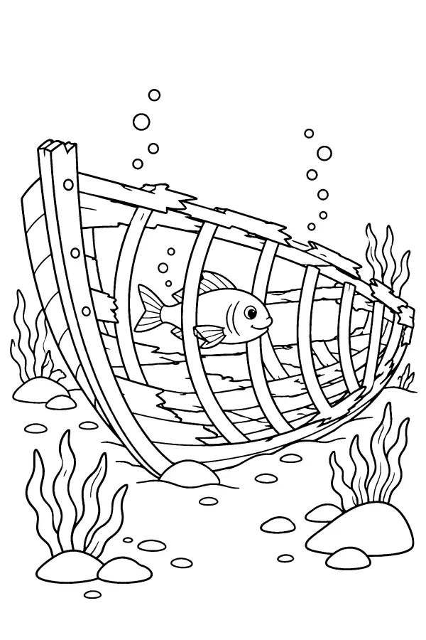 Dessin à colorier d’un poisson dans une épave