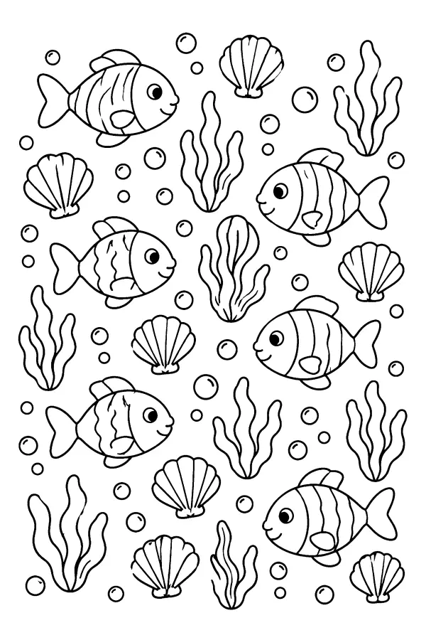 Coloriage d’un motif de poissons et de coquillages