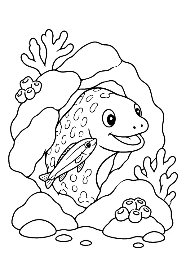 Coloriage d’une anguille et d’un petit poisson dans les rochers